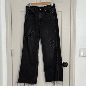 American Eagle Skater Jean Womens 4 Long Black Distressed Wide Leg Baggy Y2K